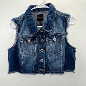 Highway Jeans Denim Cropped Vest L Juniors Blue Dark Wash Button Up Raw Hem